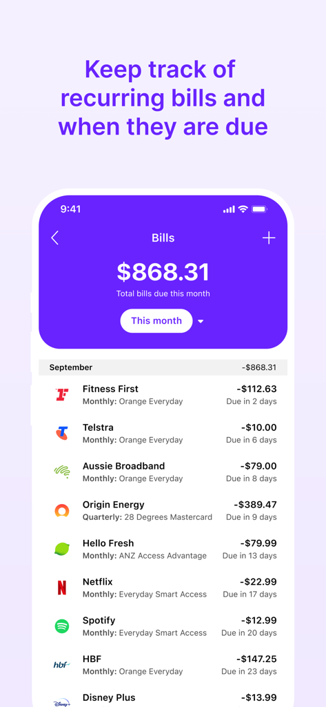 Frollo - Feel good about money - Frollo app interface displaying a summary of monthly bills and a list of upcoming payments like Netflix and Spotify.