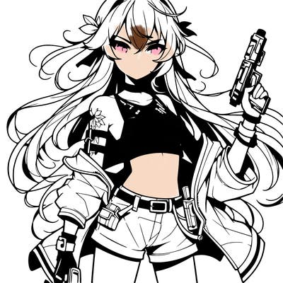 bad girl wearing crop top holding a gun long hair anime