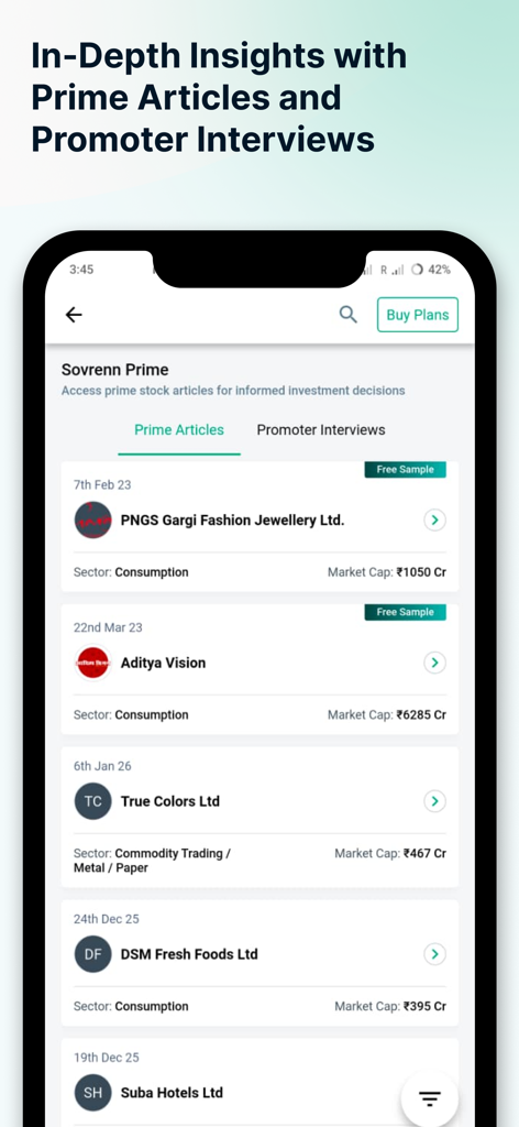 Sovrenn - Aplicación móvil Sovrenn que muestra artículos de primer nivel y entrevistas a promotores para análisis financiero