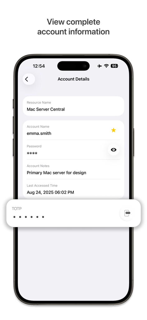 ManageEngine PAM360 - Interface of ManageEngine PAM360 mobile app showing account details for a server including account name and TOTP