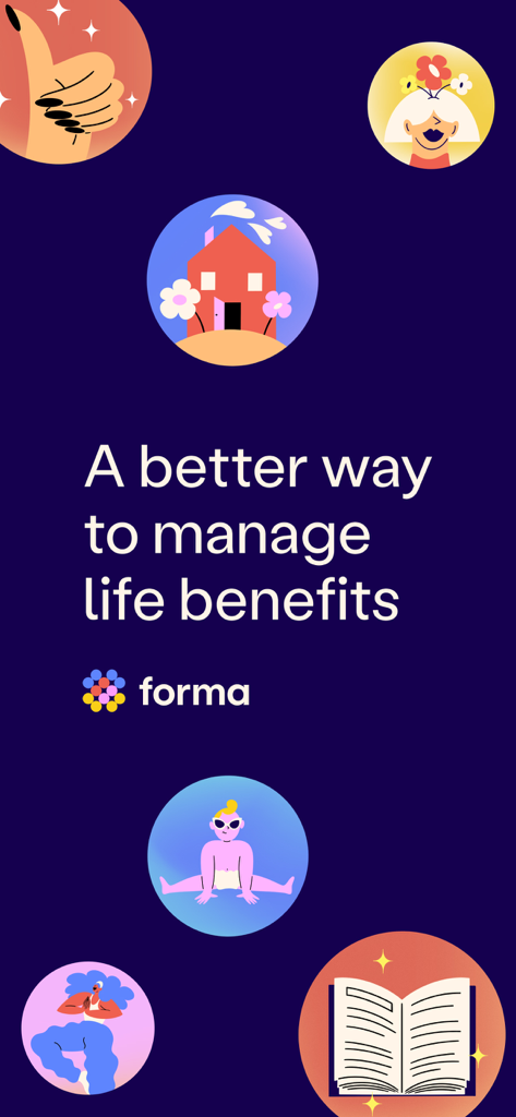 Forma: Flexible Benefit Suite  - Forma app intro screen with text A better way to manage life benefits and colorful icons