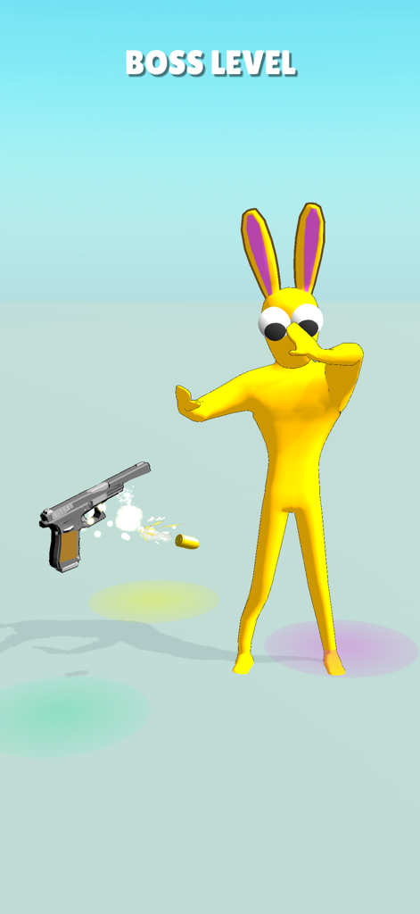 Flip Beat: Ragdoll Shooter - A boss level in Flip Beat Ragdoll Shooter featuring a yellow bunny character and a floating gun firing a shot