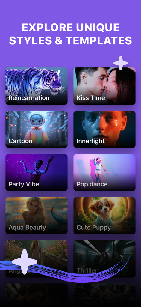 Pictory: AI Video Generator. - A collection of AI video templates and styles like cartoon and party vibe in the Pictory app.