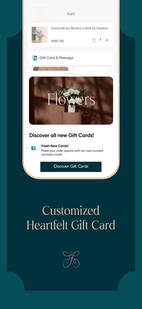 Screenshot of Floward app showcasing customized heartfelt gift cards for flower and gift delivery