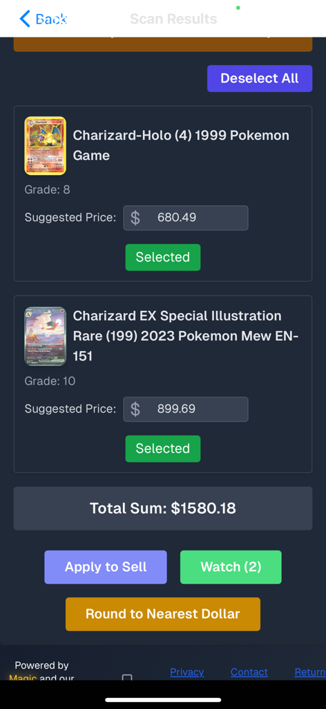 Misprint app scan results displaying graded Pokemon cards with suggested market prices