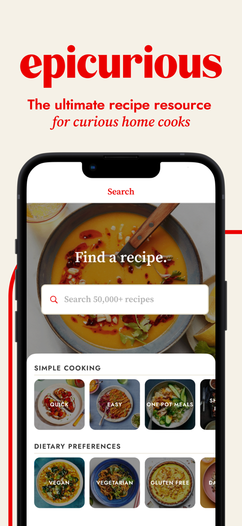 Home screen of the Epicurious app showing a recipe search bar and dietary preference categories like vegan and vegetarian