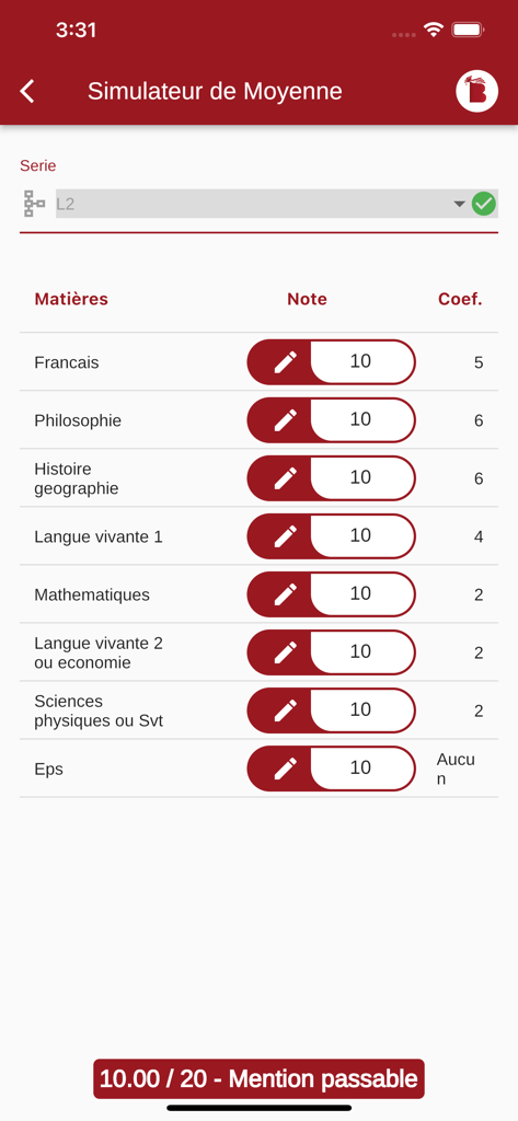 Bac en Poche Senegal - Un écran de l'application Bac en Poche montrant un simulateur de moyenne pour le Baccalauréat sénégalais avec différentes matières et coefficients.