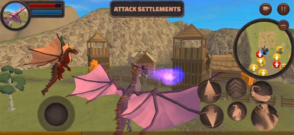 Dragon Life Simulator - A purple dragon breathes fire while attacking a human settlement in a 3D simulator game