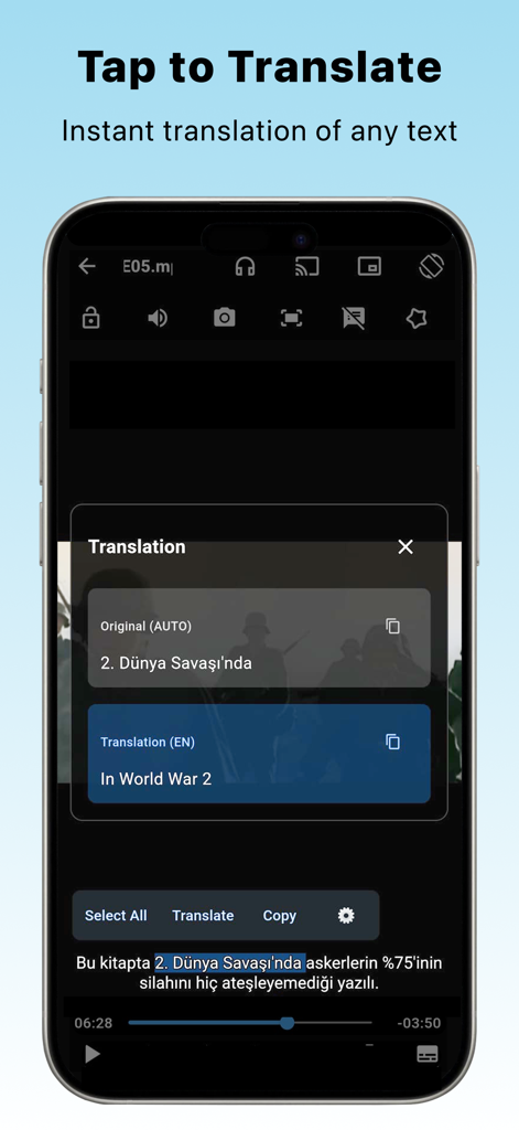SubX Player – Dual Subtitles - L'interface mobile de SubX Player montrant la traduction instantanée d'une ligne de sous-titre turque en anglais