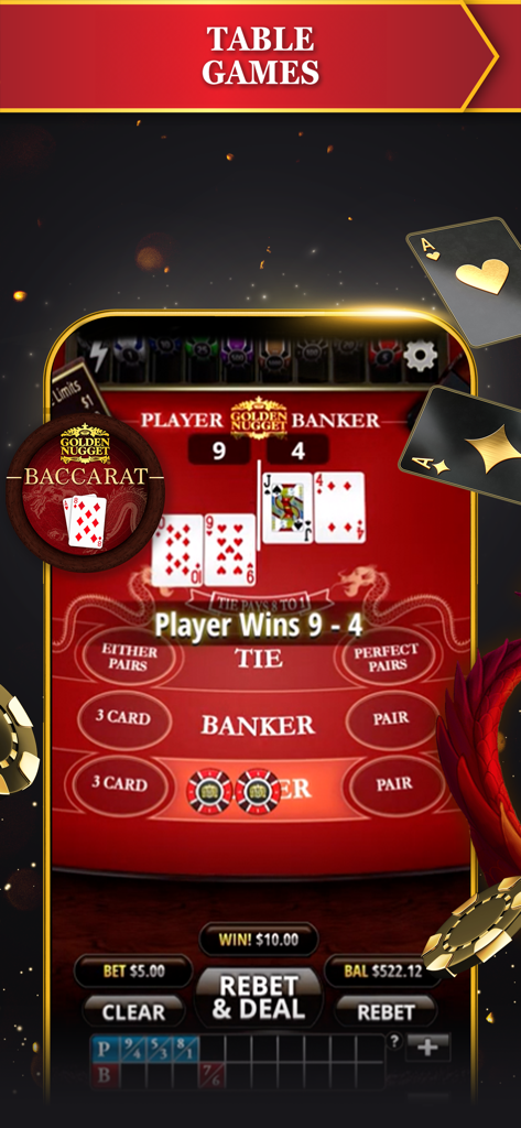 Captura de pantalla móvil de la aplicación Golden Nugget Online Casino con un juego de mesa Baccarat