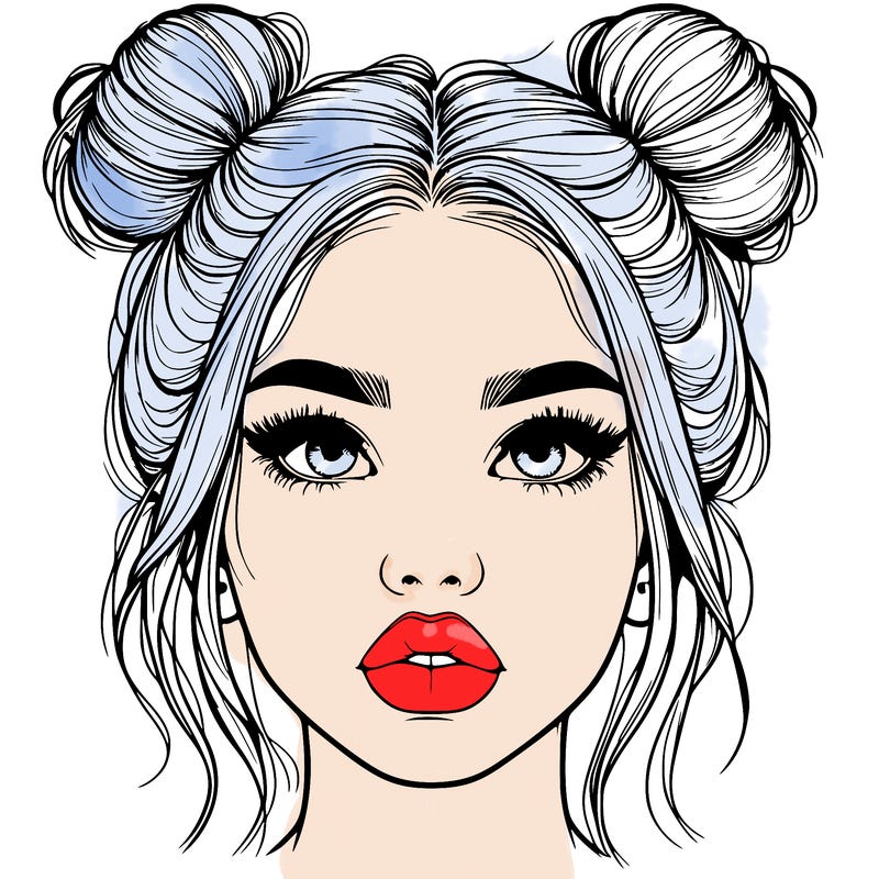realistic girl with two buns on her hair and lips