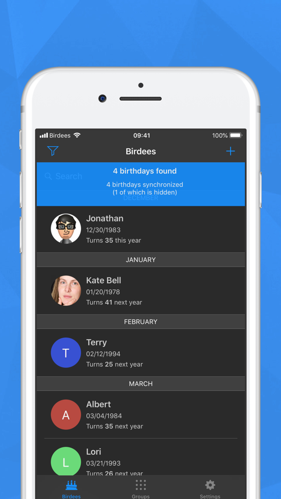 Birdees - Birthday Reminder - Birdees app interface displaying a chronological list of upcoming birthdays in dark mode.