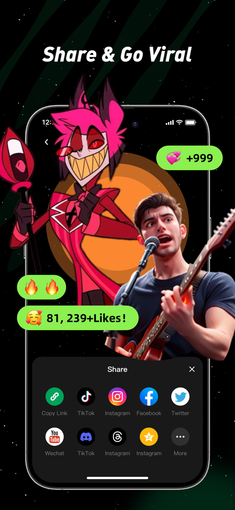 Pantalla de la aplicación Deeptone que muestra opciones para compartir en redes sociales portadas de música de IA para que se vuelvan virales