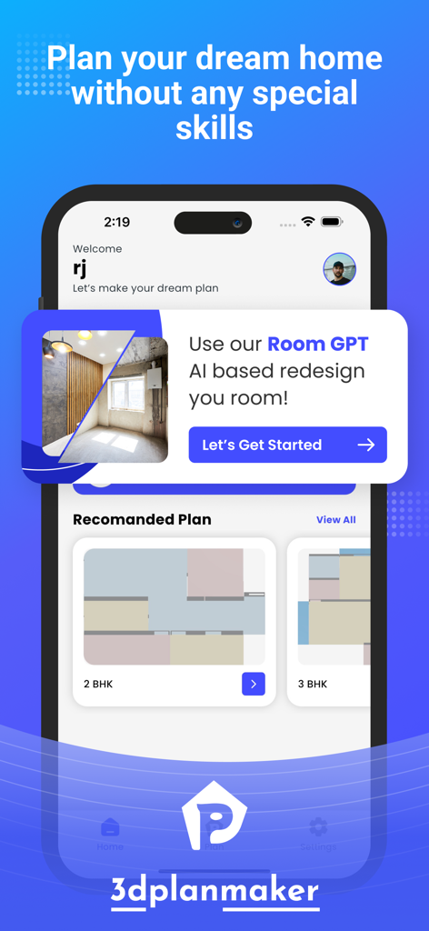 3DS PlanMaker, AI Arch design - Mobile App-Oberfläche von 3DS PlanMaker, die KI-gestützte Raumneugestaltung und Grundrissoptionen zeigt.