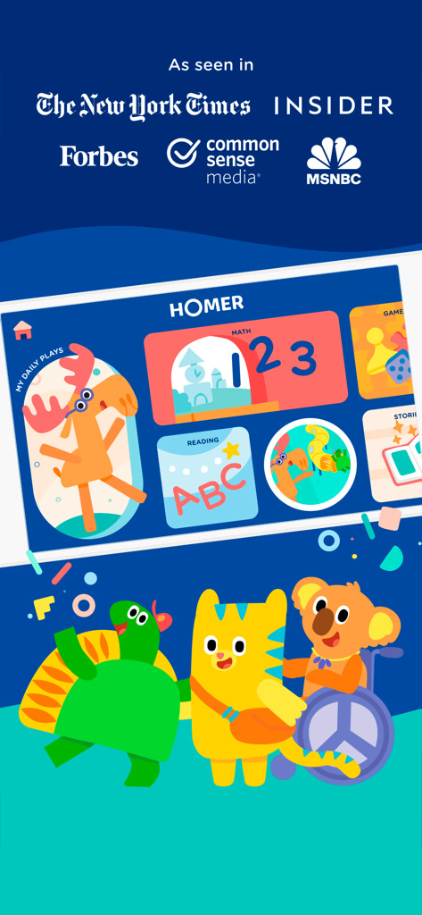 HOMER early learning app interface showing math and reading games with press endorsements from Forbes and The New York Times
