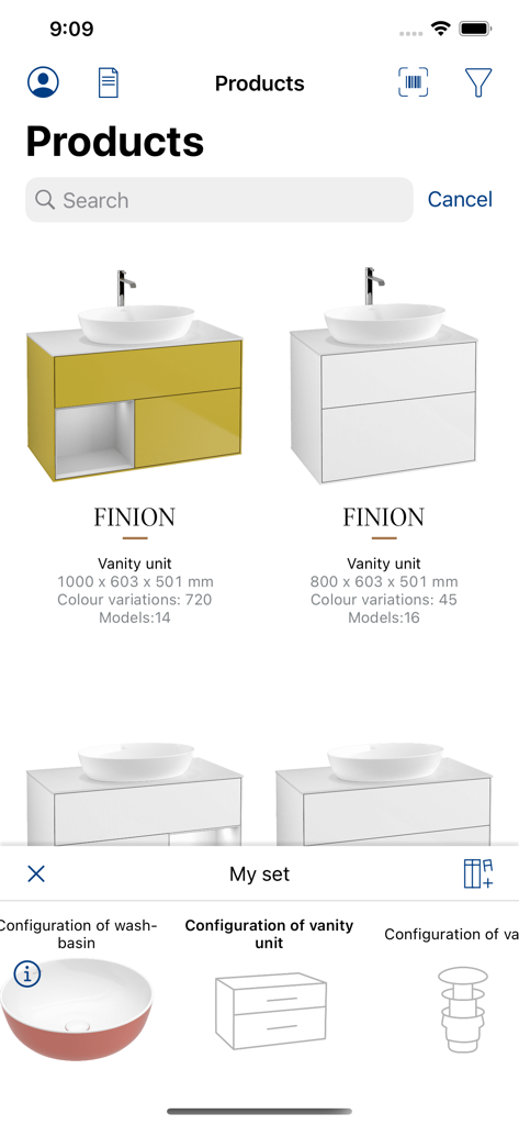 L'application Villeroy et Boch montrant la collection de meubles de salle de bain Finion et le configurateur de produits
