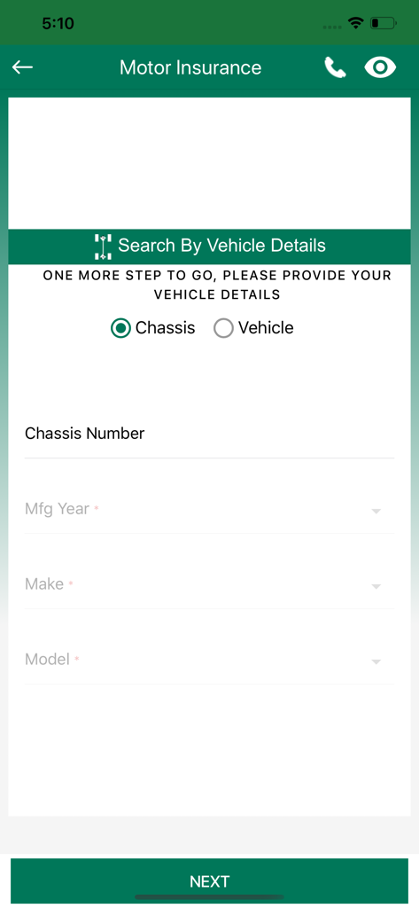 AFNIC App - AFNIC mobile app screen for entering vehicle details for a motor insurance quote