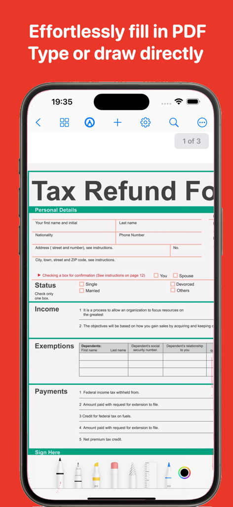 iPhone screen showing a tax refund form being filled in the PDF Fill Pro app with digital drawing tools.
