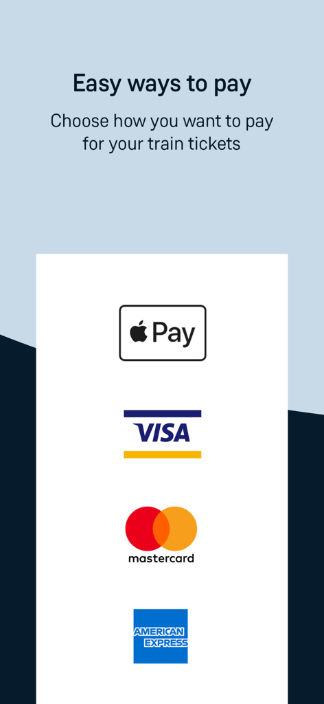 South Western Railway - Métodos de pagamento aceites, incluindo Apple Pay, Visa, Mastercard e American Express na aplicação de comboio SWR