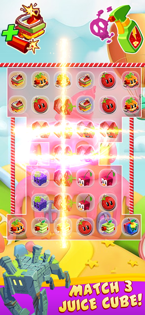 Colorful match 3 gameplay of Juice Cubes with fruit pieces and a bright light combo explosion effect.