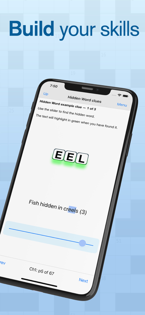 Learn Cryptic Crosswords - A lesson screen from the Learn Cryptic Crosswords app explaining hidden word clues with an interactive example.