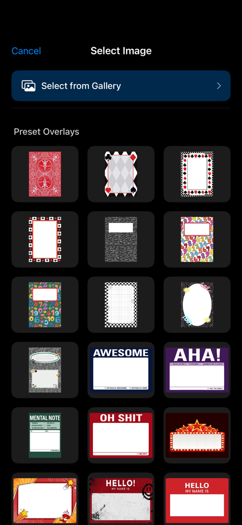 OmniReveal - A gallery of preset graphic overlays in the OmniReveal app featuring playing cards and decorative text boxes for magic reveals