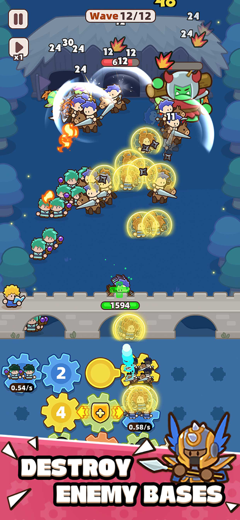 Gear Defenders - Jugabilidad de Gear Defenders mostrando tropas atacando una base enemiga con mecánicas de engranajes tácticos