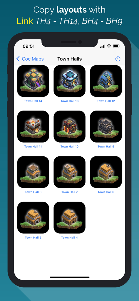 Maps for Clash Of Clans - A menu within the Maps for Clash Of Clans app showing icons for Town Hall levels 4 through 14 to copy base layouts.