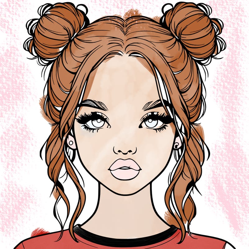 realistic girl with two buns in hair and lips