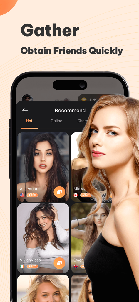 Rilk - Make Funny Friends - Interface of Rilk app showing a list of recommended friends from different countries