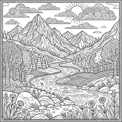 Dive into the tranquility of nature with this intricate mountain river landscape coloring page. Discover majestic peaks, a flowing river, and charming deer awaiting your creative touch.