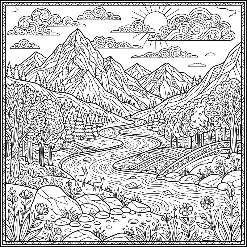 Dive into the tranquility of nature with this intricate mountain river landscape coloring page. Discover majestic peaks, a flowing river, and charming deer awaiting your creative touch.