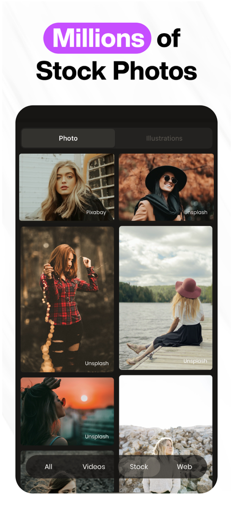 Design Lab app screen showing a library of millions of high quality stock photos