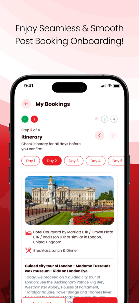 SOTC Holidays - SOTC Holidays app interface showing a detailed travel itinerary for a London city tour including hotel and sightseeing information