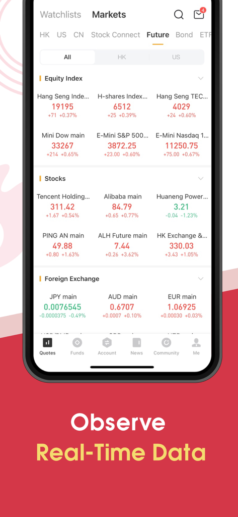 VBrokers-Trade Stock & Option - VBrokers mobile app interface displaying real-time financial market data for indices stocks and foreign exchange