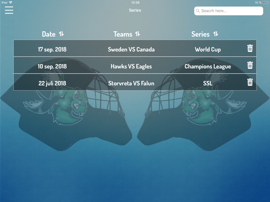 GameStats Floorball - List of floorball match records showing dates and teams in the GameStats app interface