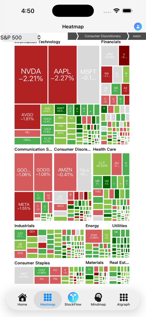 StockFlow app interface showing an S&P 500 heatmap with color-coded performance data across multiple stock sectors