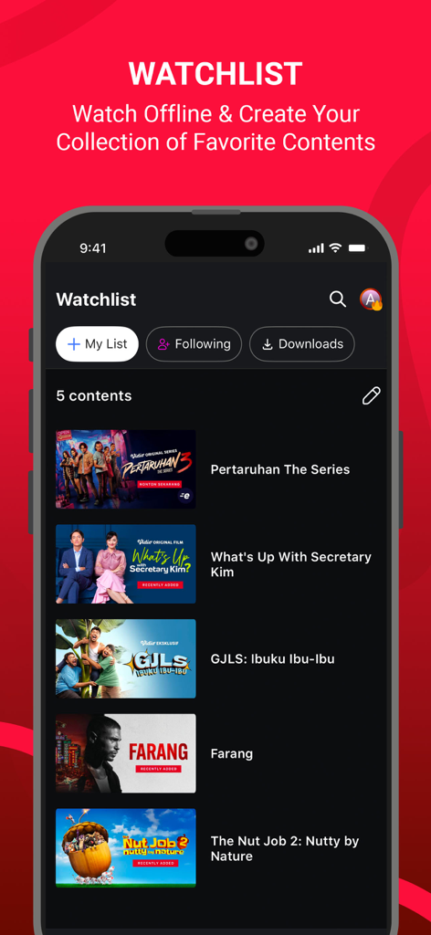 Vidio: Sports, Movies, Series - Vidio app watchlist screen showing a collection of saved movies and series for offline viewing.