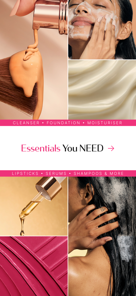 Nykaa – Makeup/Beauty Shopping - A collage showing various beauty products including foundation, cleanser, moisturizer, serum, and hair care.