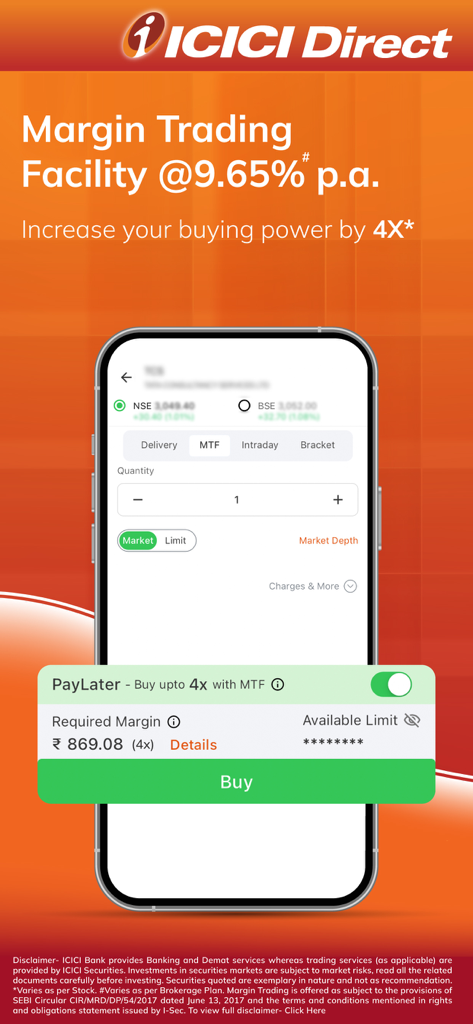 ICICI Direct app screen promoting margin trading facility with 4x buying power and competitive interest rates.