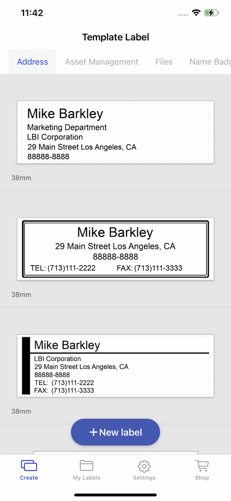 La aplicación Brother iPrint and Label mostrando varias plantillas profesionales de etiquetas de direcciones en un iPhone