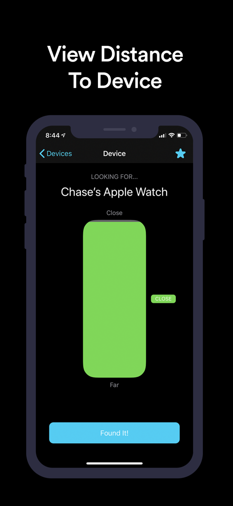 Bluetooth Device Locator - Interfaz de la aplicación Bluetooth Device Locator que muestra el seguimiento de distancia de un Apple Watch