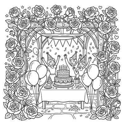 Step into a joyful garden celebration with this intricate climbing roses birthday coloring page. It features a festive party scene complete with happy guests, a delightful cake, and balloons, all framed by beautiful rose trellises.