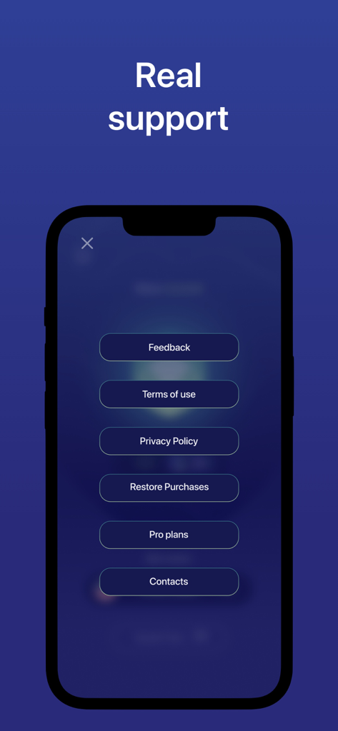 Pantalla de soporte y configuración de la aplicación Super VPN Master con opciones de menú para comentarios, términos de uso y planes pro