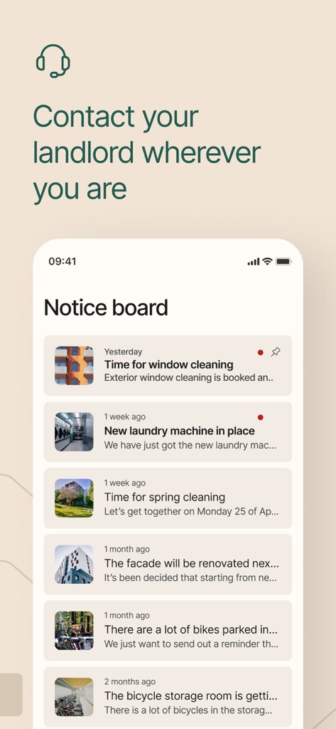 Notice board in the Avy Resident App showing landlord updates and property notifications
