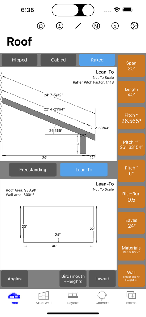 외경사 지붕(lean-to roof) 서까래 치수 및 구배 계산을 보여주는 지붕 계산기 앱