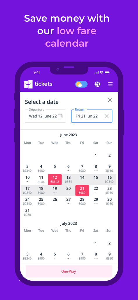 Tickets.ua - Calendario de tarifas bajas de la aplicación Tickets.ua que muestra fechas y precios de viaje
