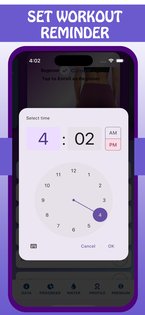 Bigger Buttocks Workout,glutes - Interface de configuração de lembrete de treino com um seletor de hora em um relógio dentro do aplicativo Bigger Buttocks Workout.