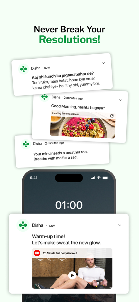 Screen showing Disha AI Health Coach proactive notifications for meals workouts and mental health