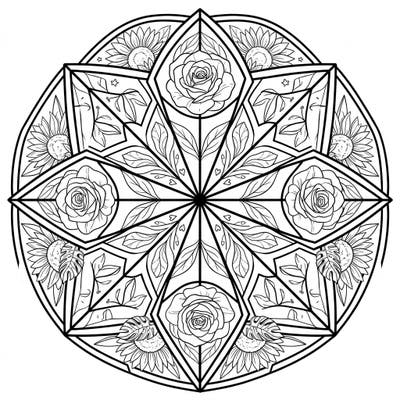 Dive into a world of botanical beauty with this exquisite stained glass mandala coloring page. Featuring symmetrical arrangements of roses, sunflowers, and tropical leaves, this design offers a unique blend of nature and geometric artistry for a relaxing creative escape.